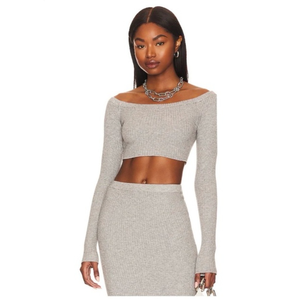 NWT Ronny Kobo Top Jenski Ribbed Cropped Long Sleeve in Stone Grey